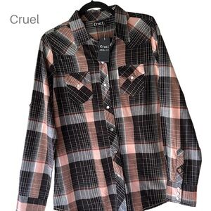 NWT | CRUEL GIRL WOMEN’S ARENA FIT SHIRT PURL SNAP FRONT BROWN PLAID LARGE